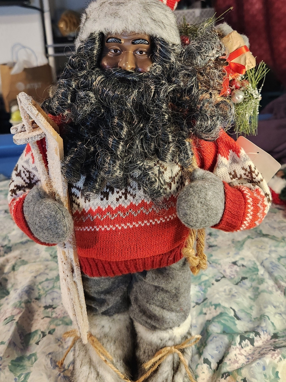 North Pole Trading Co Black African American Santa Claus Ski Figurine 18" W/tag